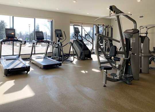 a fitness center with treadmills, elliptical machines, and other exercise equipment