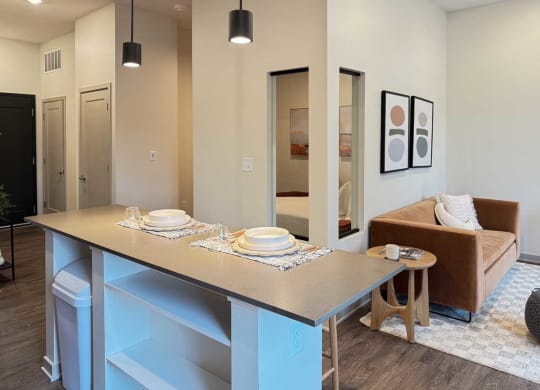 a kitchen micro-island with built-in shelving in front of a private sleeping area and modern living room