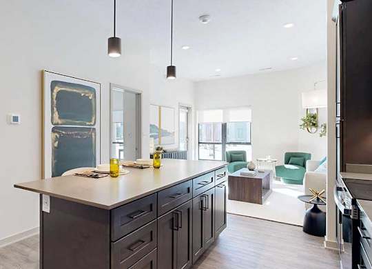 a modern kitchen island with dark cabinetry in front of a living room furnished with midcentury modern decor
