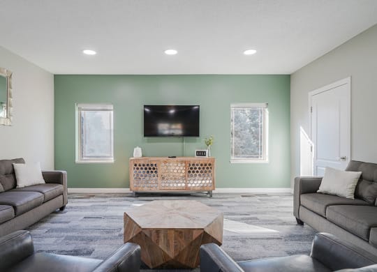 a tv lounge space with a pale green wall, tv stand, and couches