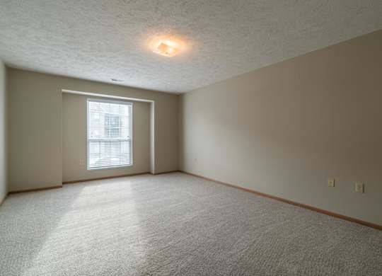 A bedroom with a carpeted floor and a window with blinds.