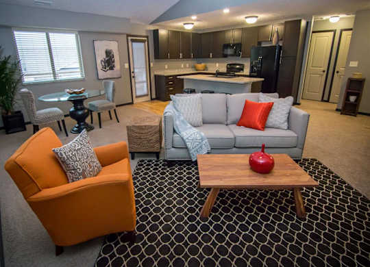 Open floorplan with spacious living room at The Flats at 84 in southeast Lincoln NE 68516