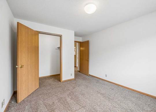 Bright, empty apartment bedroom with neutral carpet, white walls, wood-trimmed doors, and an open closet area leading to the adjoining hallway.