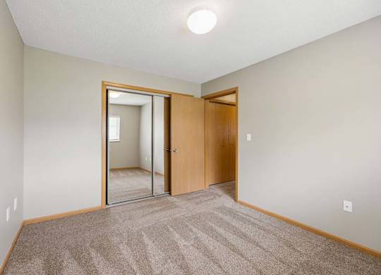 Bright apartment bedroom with carpeted flooring, neutral walls, mirrored sliding closet doors, and a separate walk-in closet for additional storage.