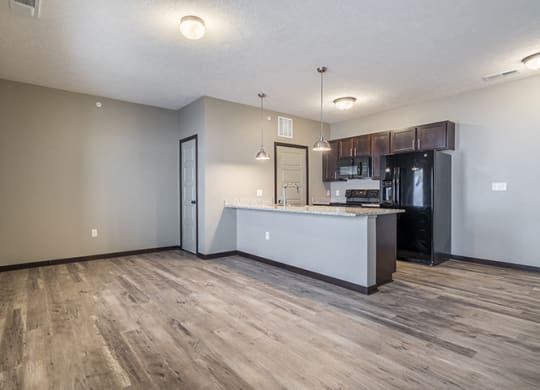 New luxury apartment with hardwood-style floors and granite countertops at North Pointe Villas townhomes in North Lincoln