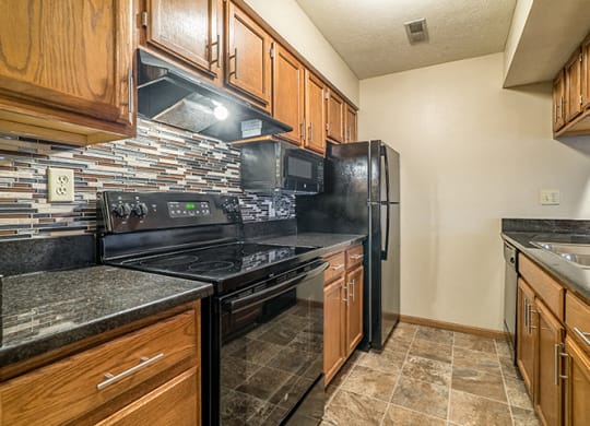 Renovated kitchen with updated appliances and dark wood cabinetry at Fountain Glen Apartments
