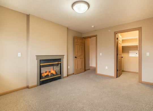 a spacious bedroom with a fireplace and a walk-in closet