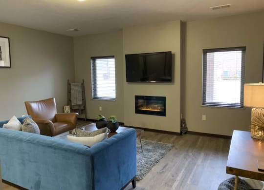 Living room with gas fireplace at North Pointe Villas in north Lincoln