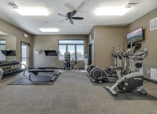 Fitness center with free weights and cardio equipment at North Pointe Villas