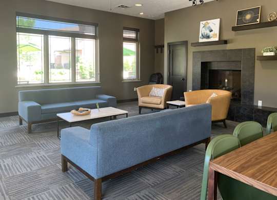 a living room with couches chairs and a fireplace