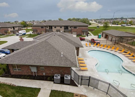 Aerial view of the resort-style pool view at North Pointe Villas luxury townhomes and apartments in Lincoln NE