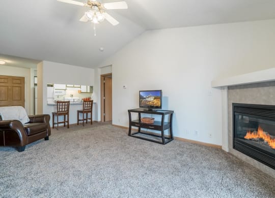a living room with a fireplace and a couch