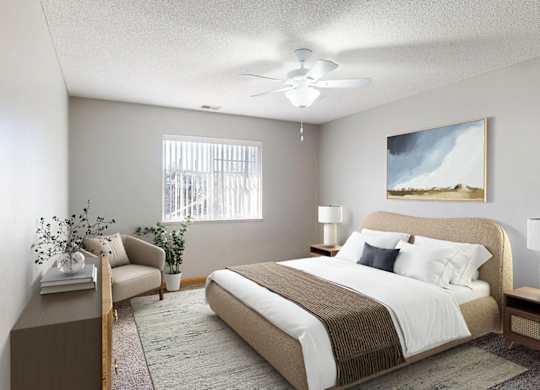 A virtually staged bedroom with a large bed and a painting on the wall.