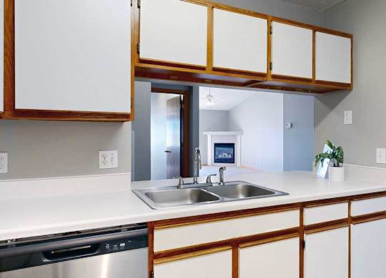 kitchen with a white countertop and white cabinets.
