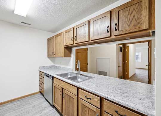 A kitchen with wooden cabinets and a marble countertop.