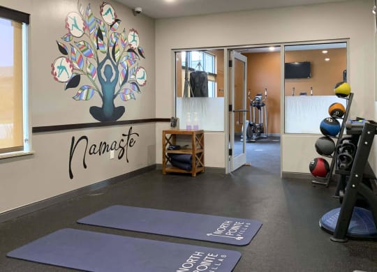 a gym with yoga mats and a tree on the wall