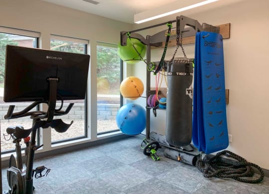 a fitness room with spin bike, punching bag, yoga equipment and a window