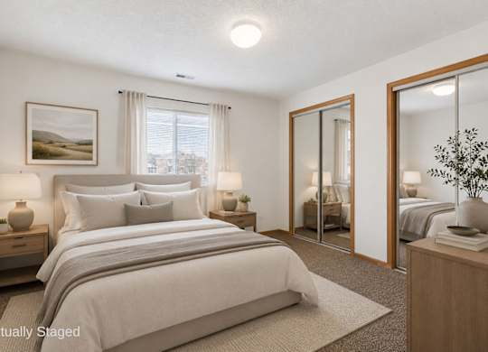 Bright, virtually staged apartment bedroom with neutral carpeting, mirrored closet doors, wood trim, and a large window with natural light.
