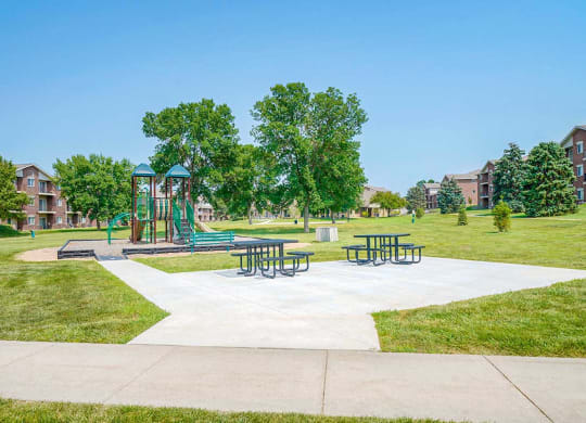 Children's playground with a climbing structure next to a picnic area