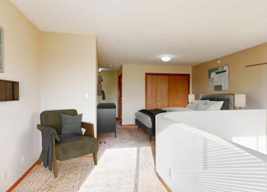 A bedroom with a bed, chair, and a cabinet.
