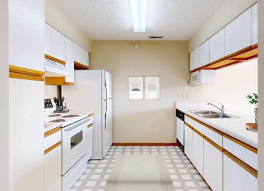 A kitchen with white appliances and wooden accents.