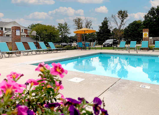 A pool surrounded by chairs and flowers with a building in the background.