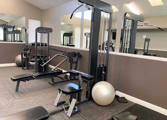 a gym with weights and mirrors in a treatment room