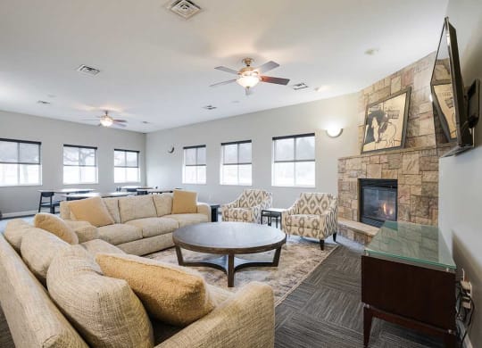 a clubhouse room with couches and a tv next to a fireplace