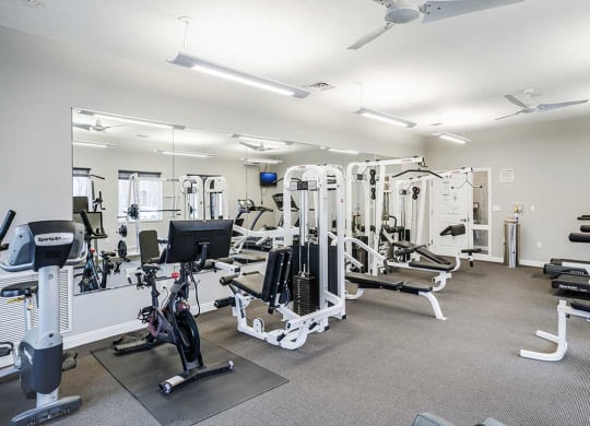 a gym with cardio equipment and weight machines