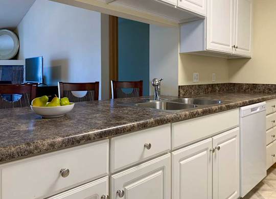 a kitchen with white cabinets and a grey countertop, with a window to the living room