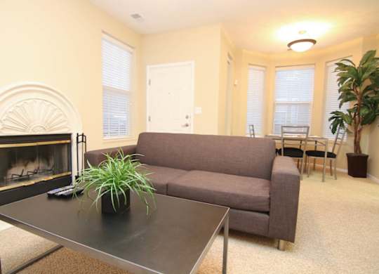 A living room with a grey couch, a fireplace, and lots of windows