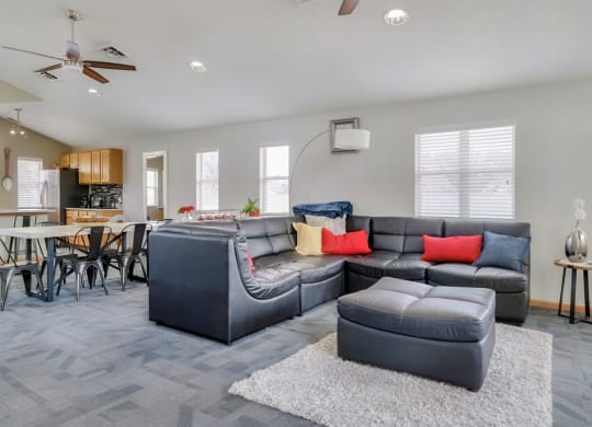 Common area with lounge area and kitchen in the clubhouse at Skyline View apartments