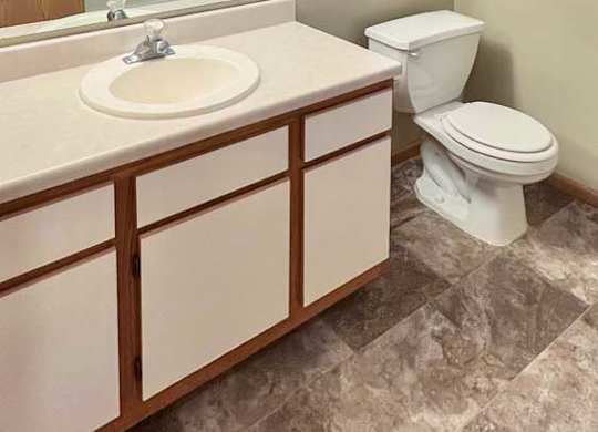 a bathroom with a vanity sink and large mirror