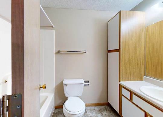 Apartment bathroom with single-sink vanity, wood-trim cabinets, large mirror, and tub-shower combination.