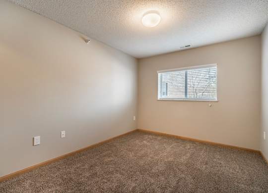 A room with a carpeted floor and a window with blinds.