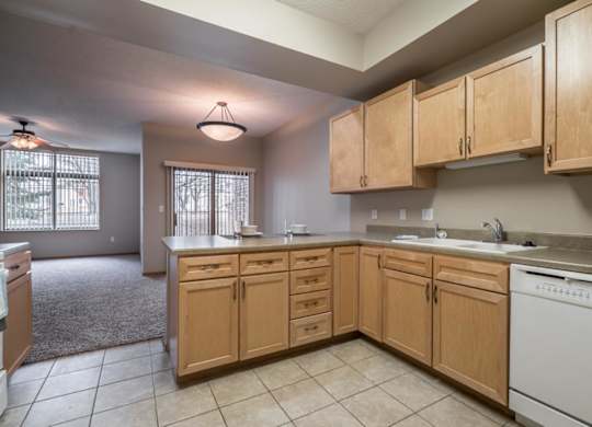 A kitchen with wooden cabinets and a white dishwasher.