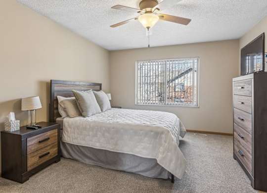 Apartment bedroom with plush carpet, ceiling fan, large window, and neutral finishes throughout.