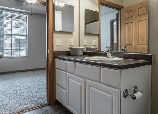 Bright and spacious bathroom off of bedroom at Stone Creek Villas Apartments in Omaha Nebraska