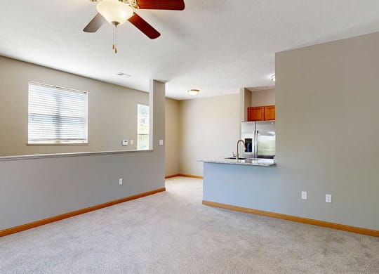 a living room adjacent to a kitchen and stairway leading to the entryway below
