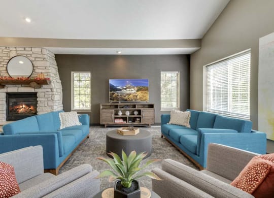 TV lounge in the renovated clubhouse at Stone Creek Villas townhomes in west Omaha NE 68116
