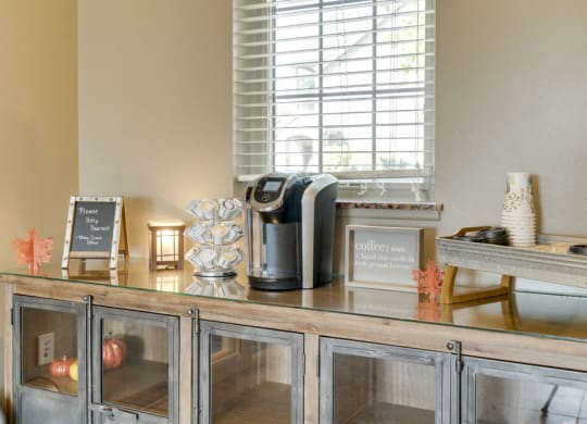 Coffee station in the clubhouse at Stone Creek Villas townhomes in west Omaha NE 68116