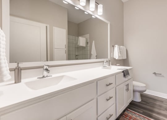 Interiors- Bathroom with white cabinets and white, cultured-marble countertops at The Preserve at Normandale Lake