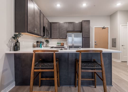 Interiors- Design Scheme B kitchen with darker cabinets and white quartz countertops