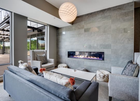 Relax on the couches by the fireplace in the Club Room at The Preserve at Normandale Lake