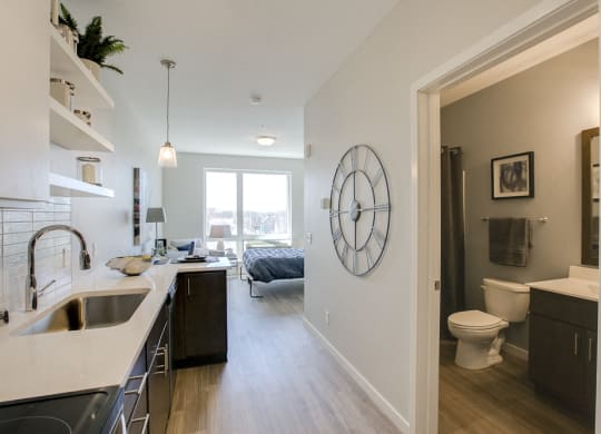 Kitchen with white subway tile at The Central apartments near downtown Minneapolis MN 55408