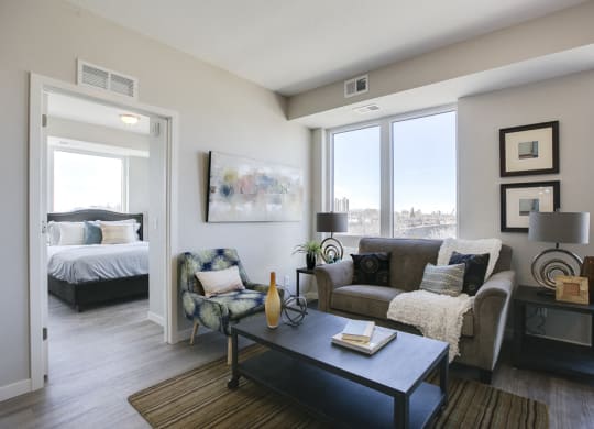 View of bedroom from living room at The Central apartments near downtown Minneapolis MN 55408