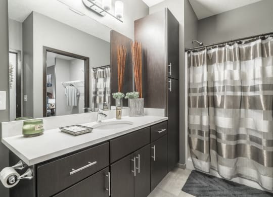 Bathroom with dark cabinetry and quartz countertops at The Conrad in midtown Omaha NE