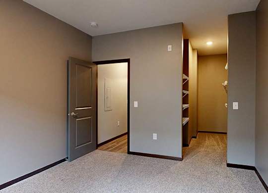 a bedroom with a walk-in closet with built-in shelving and hanging space