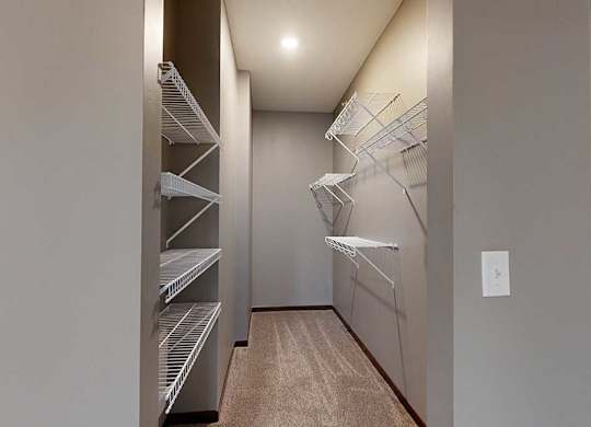 a long, narrow walk-in closet with shelving and a carpeted floor