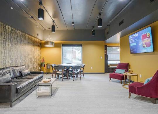 a spacious lounge/pub room with couch and table seating and a tv